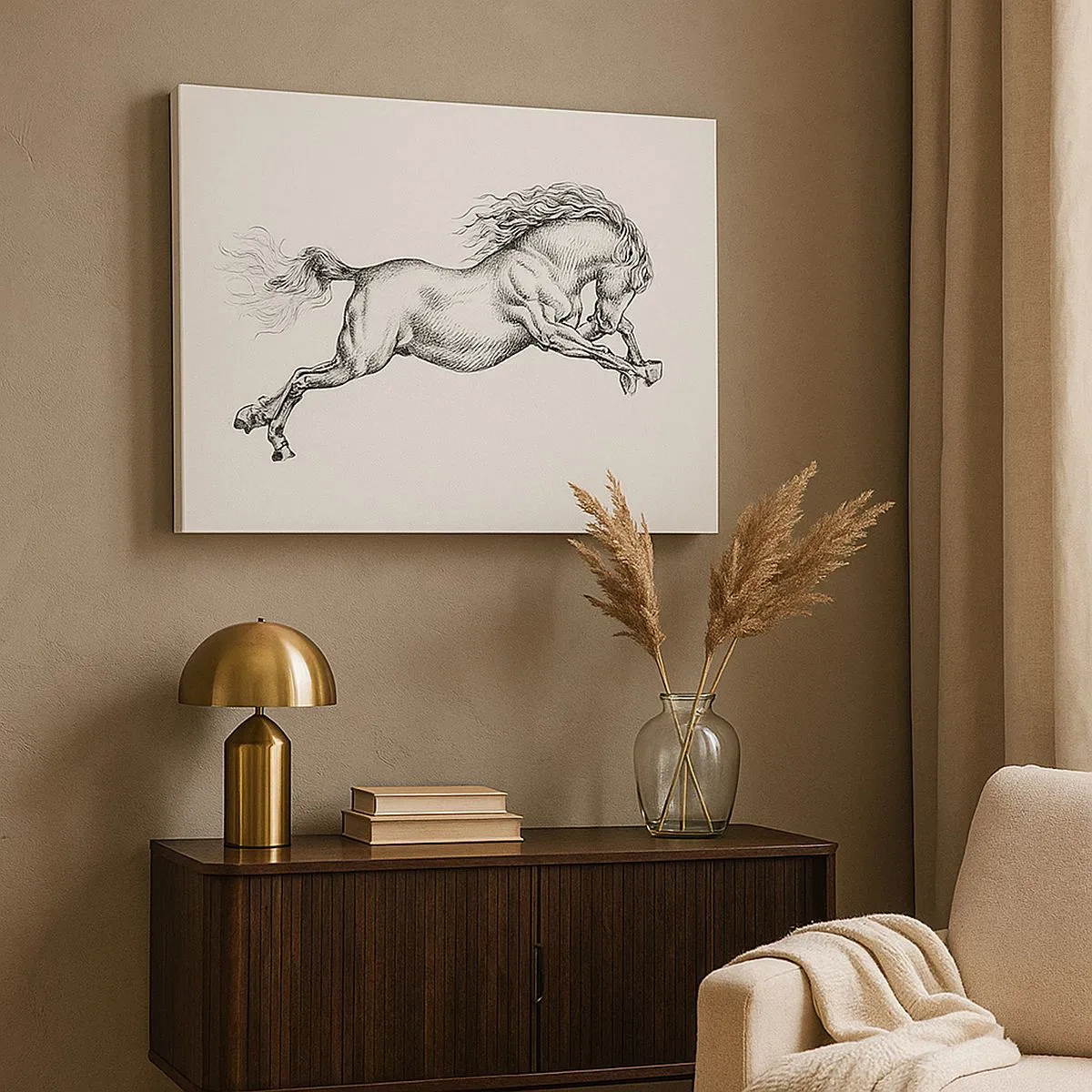 Impression sur toile - Image sur toile - Croquis d'un cheval au galop dynamique sur fond blanc - 70x50cm - Immortalisé au galop - Décoration murale moderne pour le salon et la chambre ARTTOR
