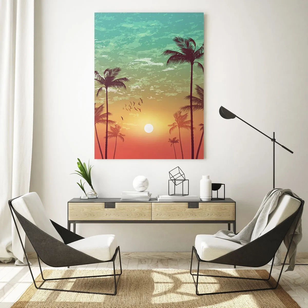 Impression sur verre - Image sur verre - Coucher de soleil avec des palmiers sur un ciel coloré - 80x120cm - Ambiance tropicale - Décoration murale moderne pour le salon et la chambre ARTTOR