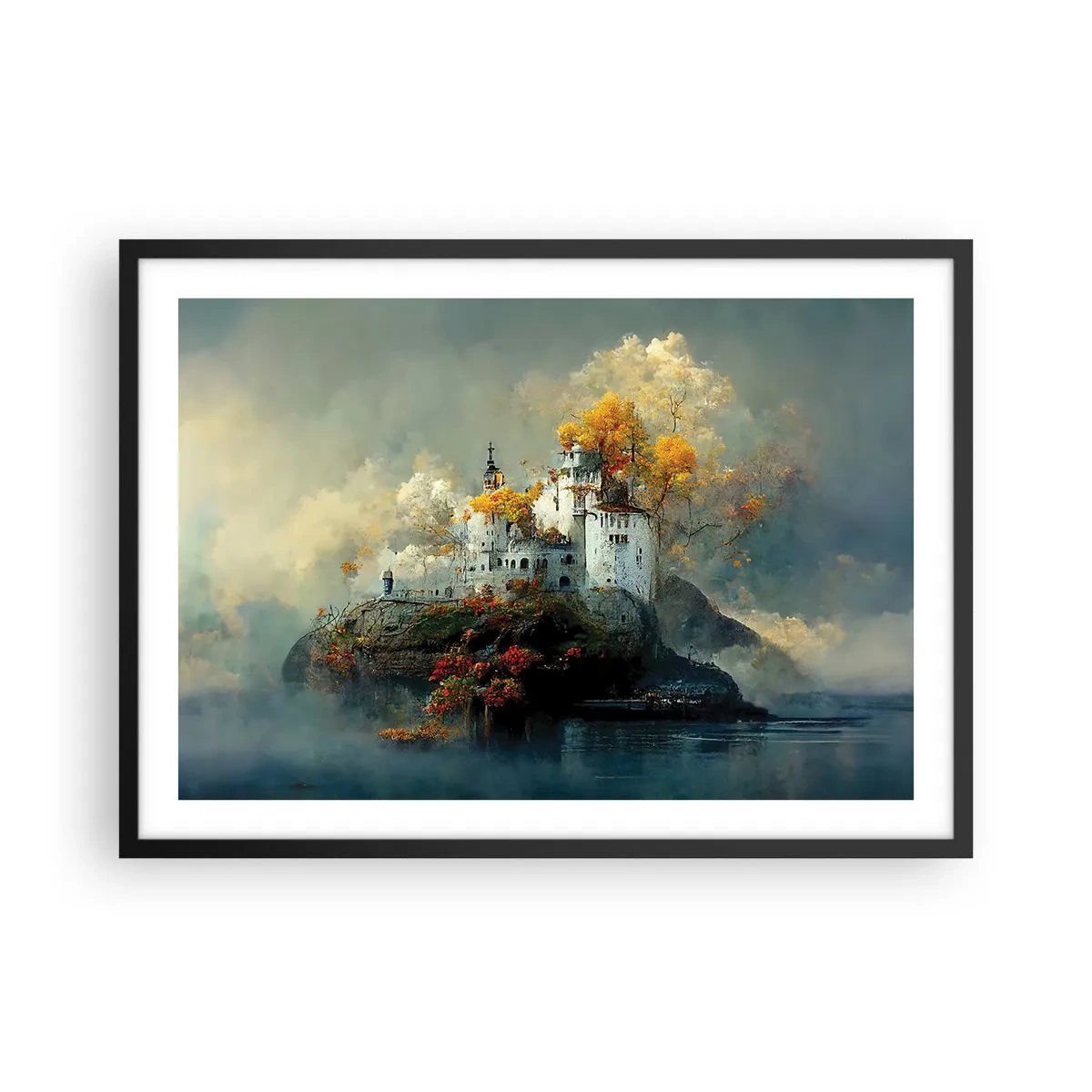 Affiche dans un cadre noir - Poster - Un château sur une colline entouré d'arbres d'automne - 70x50cm - Le début d'une histoire romantique - Décoration murale moderne pour le salon et la chambre ARTTOR