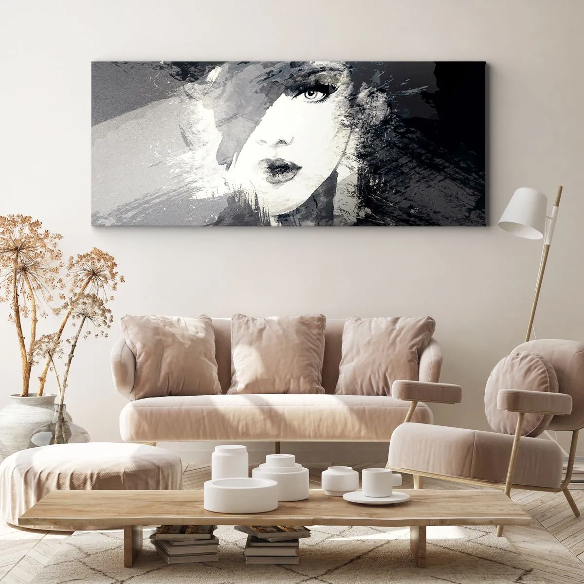 Impression sur toile - Image sur toile - Un portrait abstrait d'une femme dans des tons de gris avec des accents délicats. - 160x50cm - Derrière un voile gris - Décoration murale moderne pour le salon et la chambre ARTTOR
