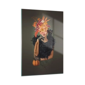 Impression sur verre - Image sur verre - Figure d'une femme en noir avec une citrouille, un chat et une composition florale - 50x70cm - Sort de sorcière - Décoration murale moderne pour le salon et la chambre ARTTOR