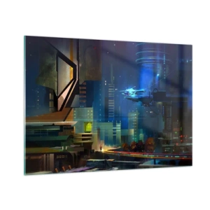 Impression sur verre - Image sur verre - Ville futuriste la nuit avec des néons et un véhicule volant - 100x70cm - Dans le futur proche - Décoration murale moderne pour le salon et la chambre ARTTOR