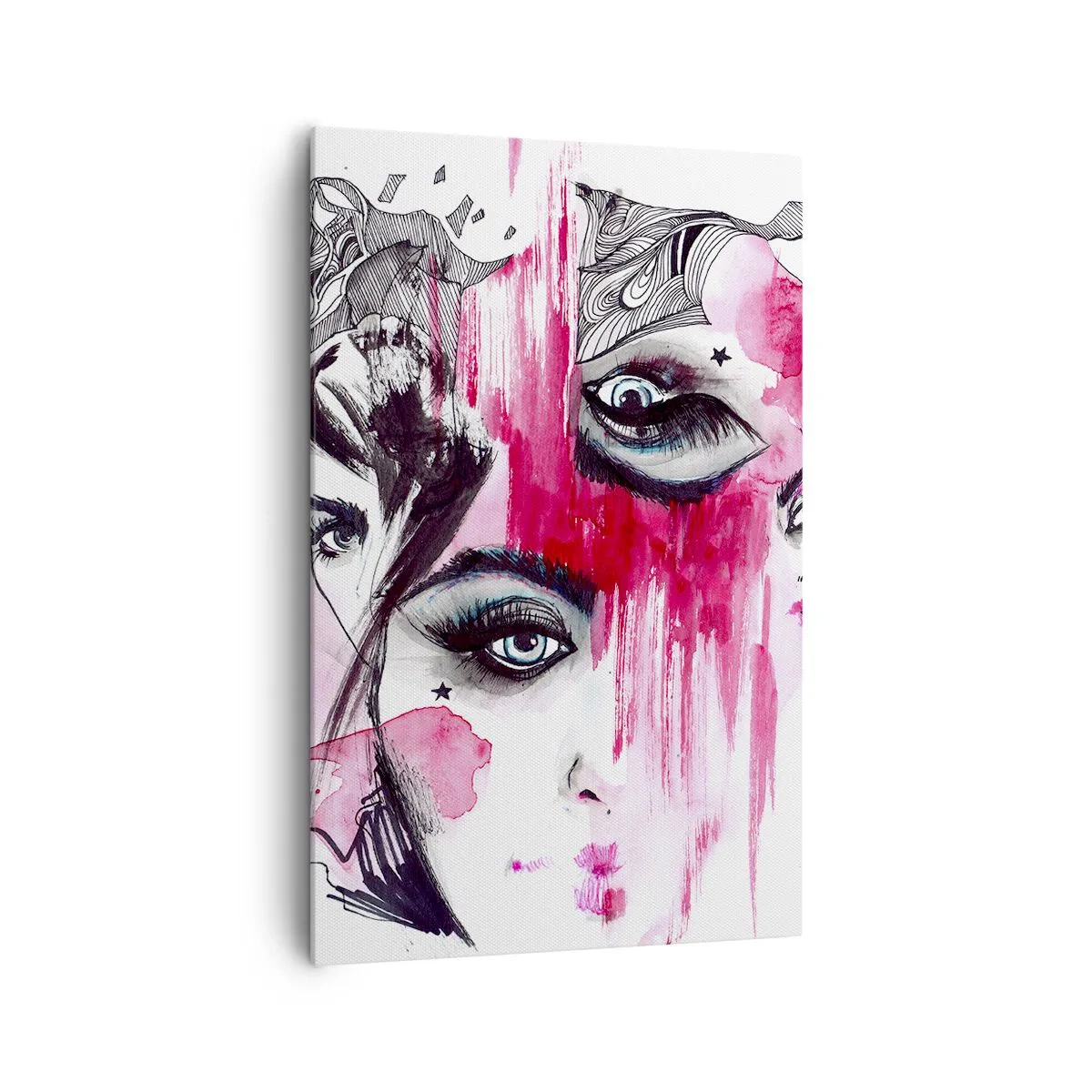 Impression sur toile - Image sur toile - Visage abstrait dans les tons de rose et de noir - 80x120cm - Yeux abstraits - Décoration murale moderne pour le salon et la chambre ARTTOR