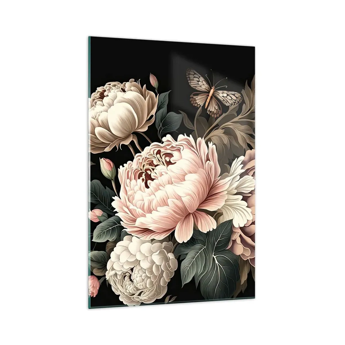 Impression sur verre - Image sur verre - Un bouquet de fleurs roses et de papillons sur fond noir - 70x100cm - De style baroque - Décoration murale moderne pour le salon et la chambre ARTTOR