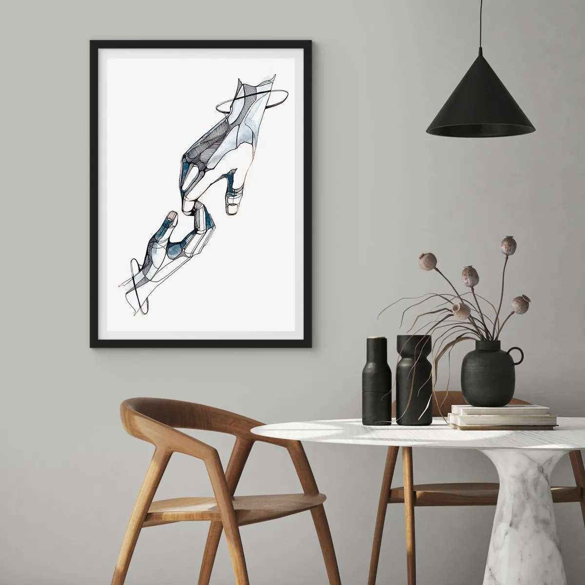 Affiche dans un cadre noir - Poster - Mains abstraites dans une composition artistique de lignes et de couleurs - 50x70cm - Un bon geste - Décoration murale moderne pour le salon et la chambre ARTTOR