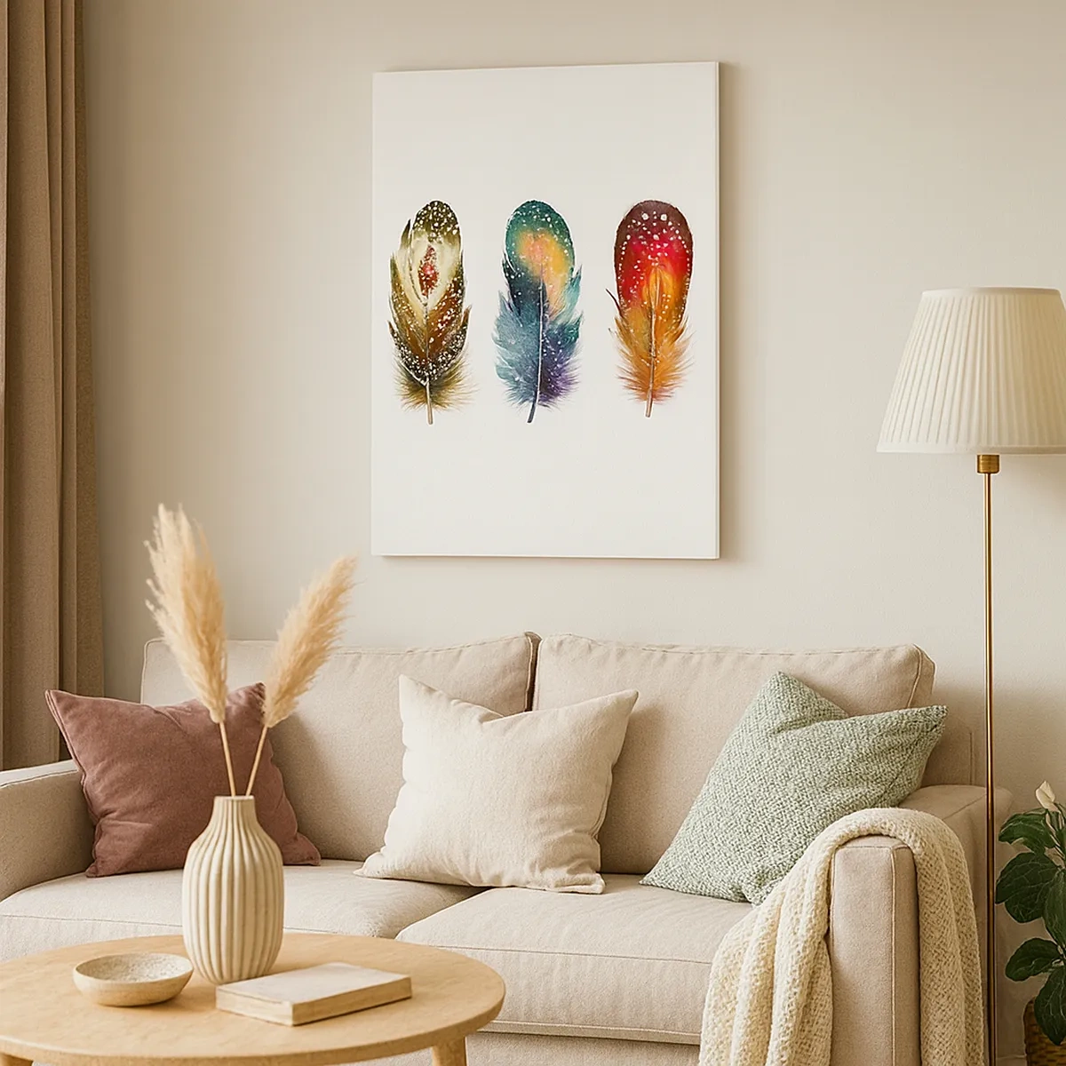 Impression sur toile - Image sur toile - Trois plumes colorées avec des motifs artistiques sur un fond clair - 50x70cm - Rituels, cérémonies, secrets - Décoration murale moderne pour le salon et la chambre ARTTOR