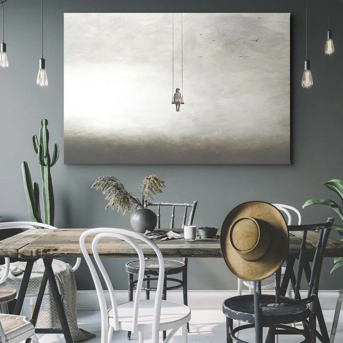 Impression sur toile - Image sur toile - Une figure sur une balançoire suspendue dans l'espace - 100x70cm - Enfant en nous - Décoration murale moderne pour le salon et la chambre ARTTOR