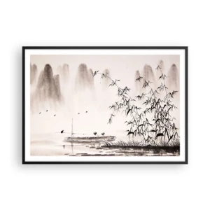 Affiche dans un cadre noir - Poster - Un paysage minimaliste de style oriental - 100x70cm - Le silence des rizières - Décoration murale moderne pour le salon et la chambre ARTTOR