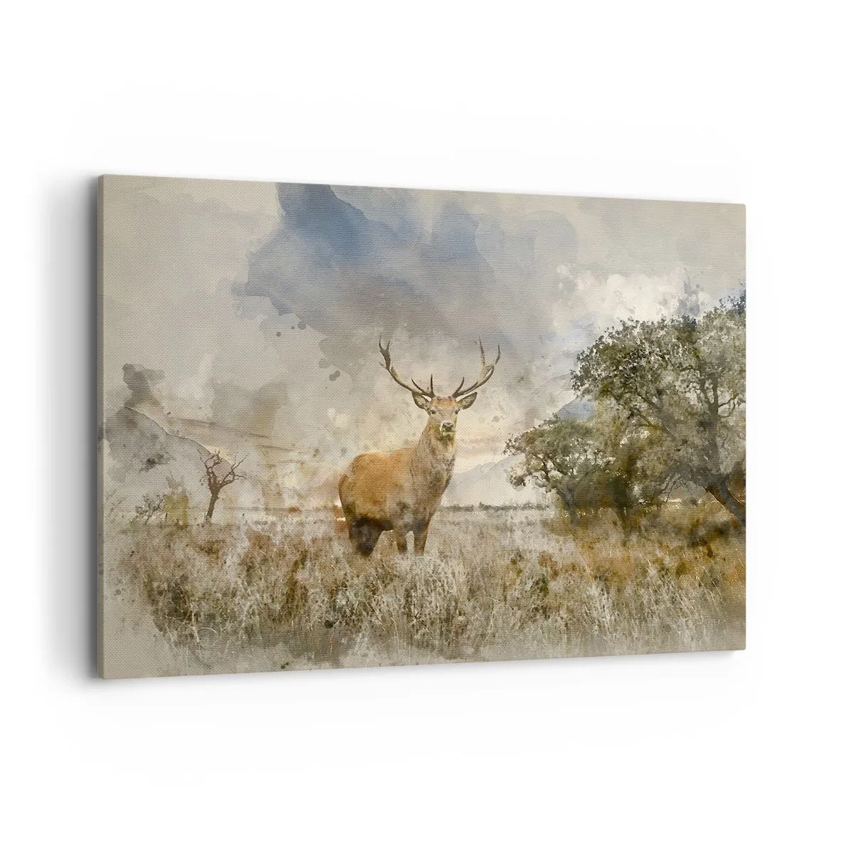 Impression sur toile - Image sur toile - Un cerf dans un cadre naturel dans un style aquarelle - 100x70cm - Dignité - force - majesté - Décoration murale moderne pour le salon et la chambre ARTTOR