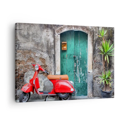 Impression sur toile - Image sur toile - Scooter rouge près de la porte verte - 70x50cm - Vacances italiennes - Décoration murale moderne pour le salon et la chambre ARTTOR