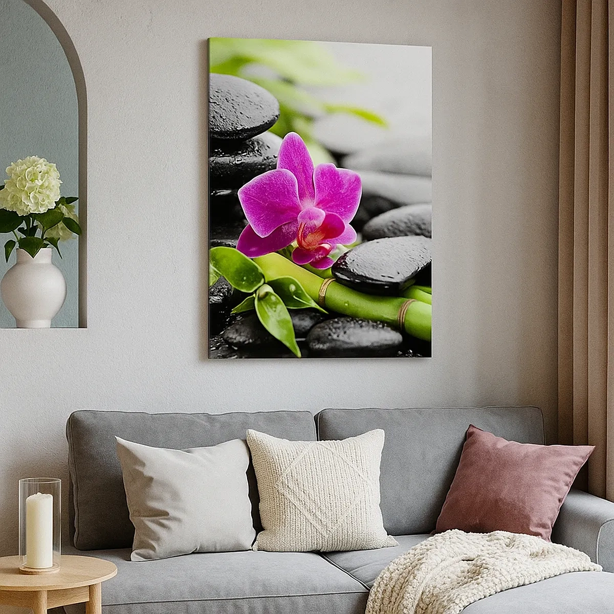 Impression sur toile - Image sur toile - Orchidée violette, pierres noires et bambou dans une composition tranquille - 50x70cm - Dans un équilibre de calme - Décoration murale moderne pour le salon et la chambre ARTTOR