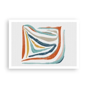 Affiche - Poster - Lignes colorées et dynamiques dans les tons de bleu, orange et beige - 100x70cm - Abstraction avec un sourire amical - Décoration murale moderne pour le salon et la chambre ARTTOR
