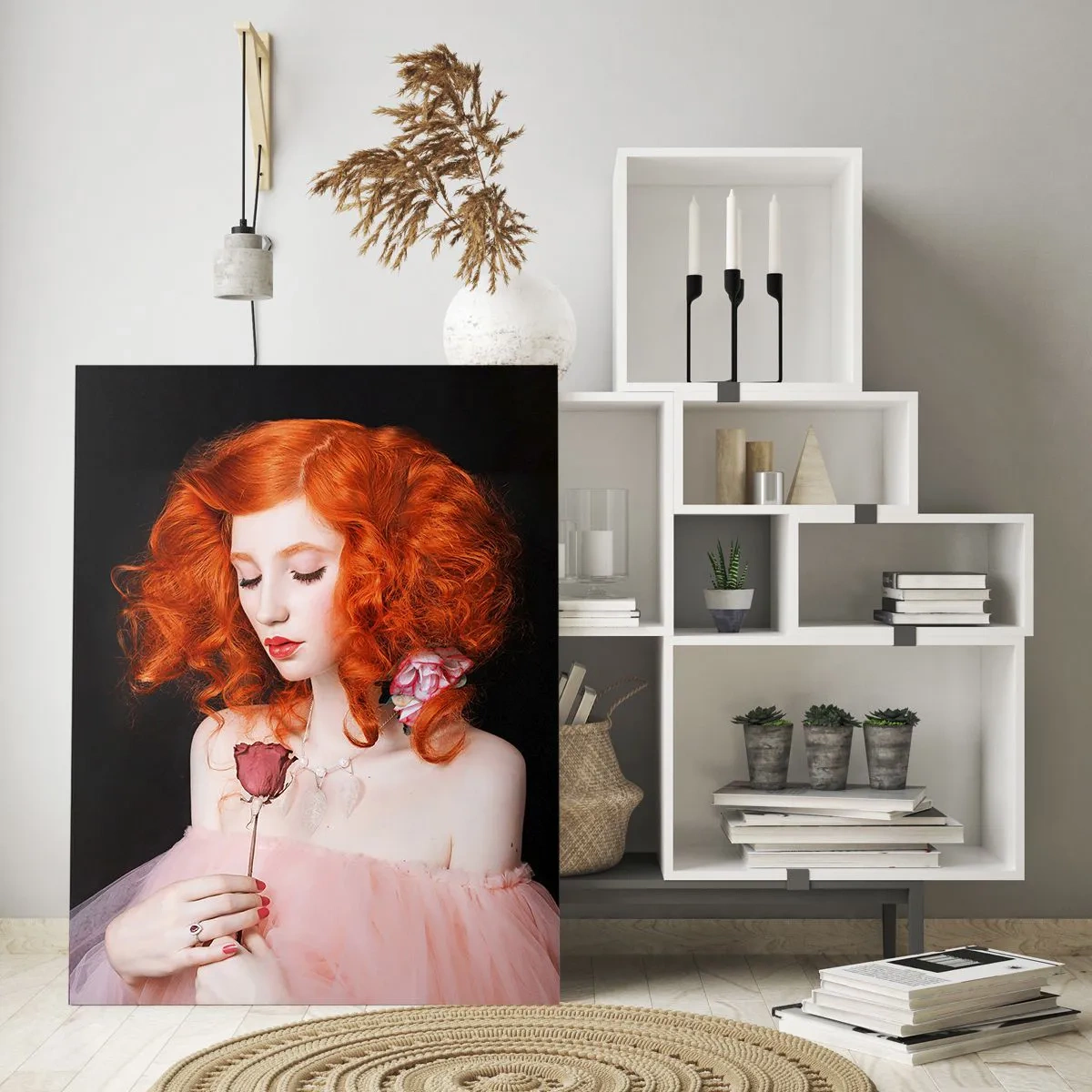 Impression sur verre - Image sur verre - Portrait d'une femme aux cheveux roux et une rose sur un fond sombre - 50x70cm - De style baroque - Décoration murale moderne pour le salon et la chambre ARTTOR