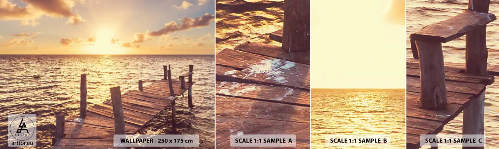 Échantillon de Papier Peint Autocollant Deluxe Sticker - La terre d'or de la douceur - Paysage, Mer, Pont de bois - 100x30 cm