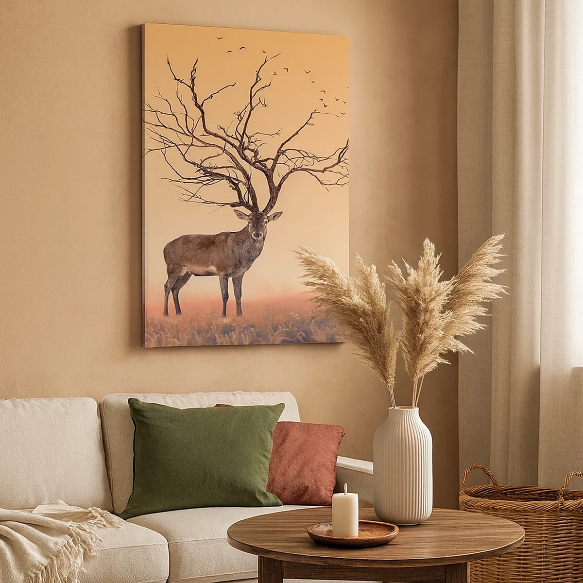 Impression sur toile - Image sur toile - Un graphique de cerf fantaisie avec des branches au lieu de bois - 50x70cm - Cerf de Pra - l'esprit éternel de la forêt - Décoration murale moderne pour le salon et la chambre ARTTOR