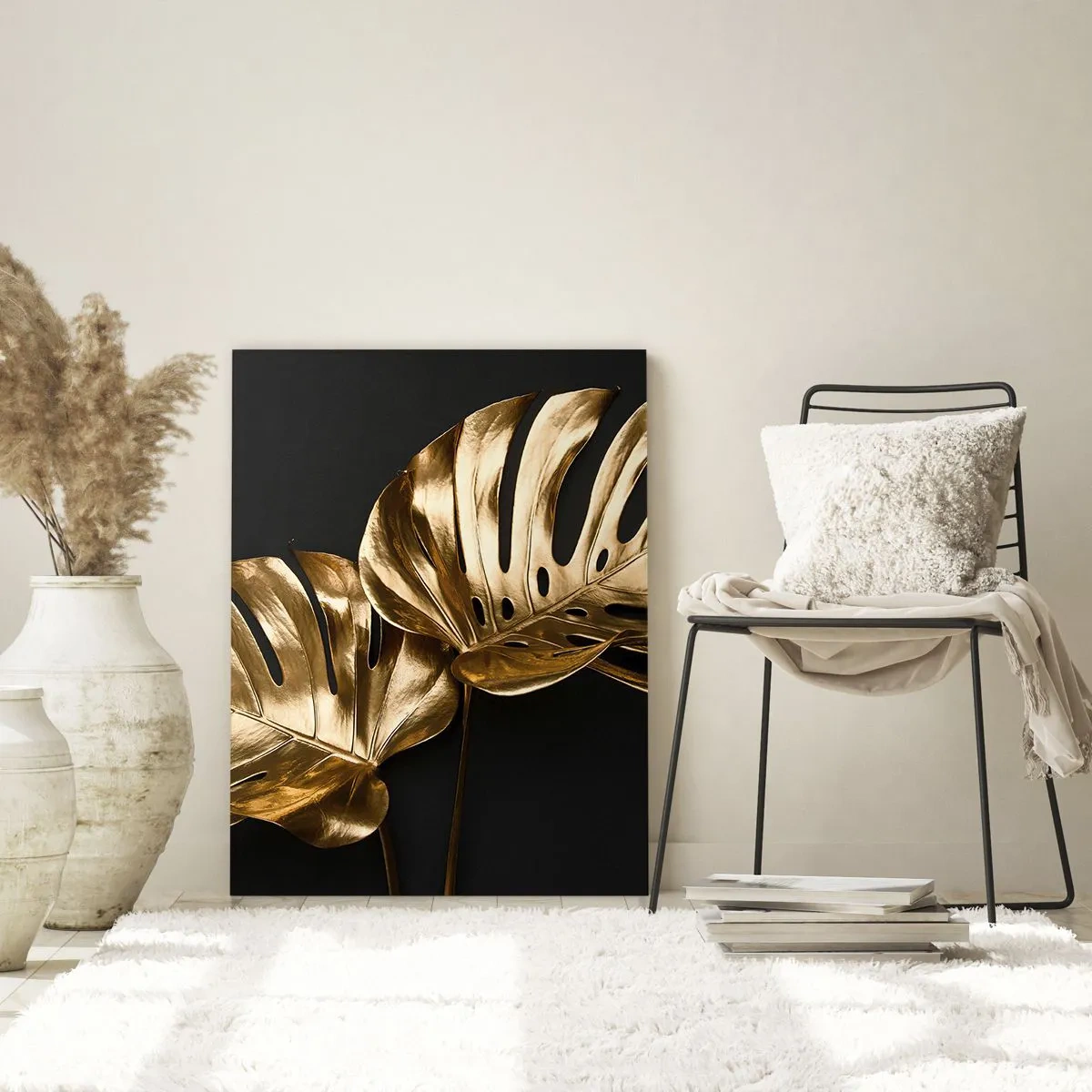 Impression sur verre - Image sur verre - Feuilles de monstera dorées sur fond noir - 80x120cm - Les trésors de la nature - Décoration murale moderne pour le salon et la chambre ARTTOR