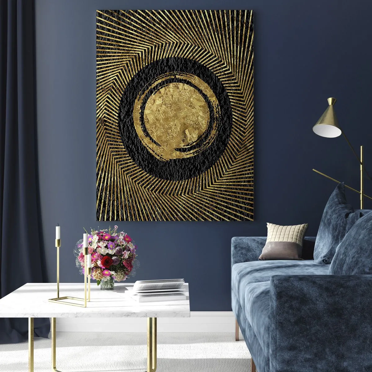 Impression sur verre - Image sur verre - Cercle doré avec des rayons sur fond noir dans un style glamour - 50x70cm - Composition glamour - Décoration murale moderne pour le salon et la chambre ARTTOR