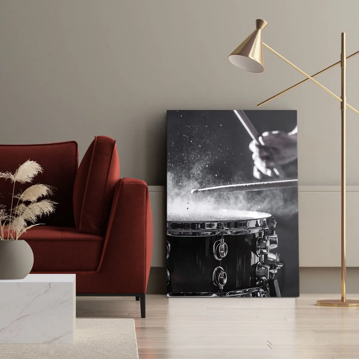 Impression sur toile - Image sur toile - Frapper la caisse claire avec des baguettes avec un effet de poussière - 50x70cm - Tempo de la musique - Décoration murale moderne pour le salon et la chambre ARTTOR