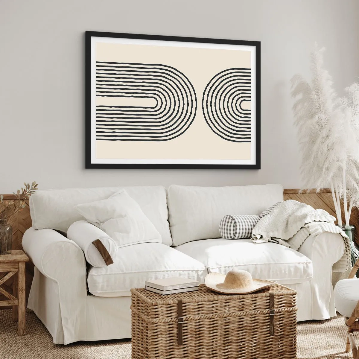 Affiche dans un cadre noir - Poster - Motif géométrique abstrait avec des lignes symétriques sur un fond clair - 70x50cm - Dans un instant... - Décoration murale moderne pour le salon et la chambre ARTTOR