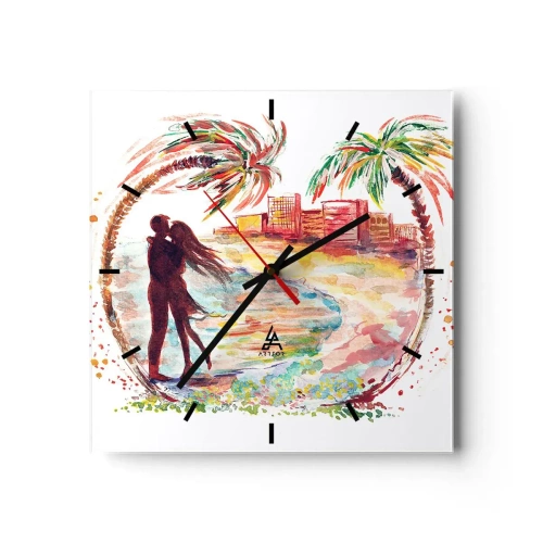 Horloge murale - Pendule murale - Scène de couple romantique sur une plage avec des palmiers à l'aquarelle - 30x30cm - Vacances romantiques - Décoration murale moderne pour le salon et la chambre ARTTOR
