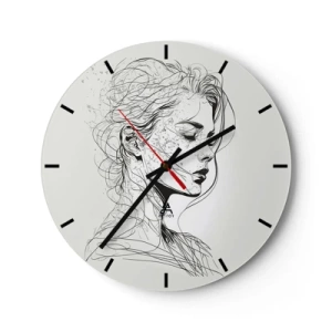 Horloge murale - Pendule murale - Croquis noir et blanc du visage d'une femme en train de penser - 30x30cm - Portrait en pensée - Décoration murale moderne pour le salon, la cuisine et la chambre ARTTOR