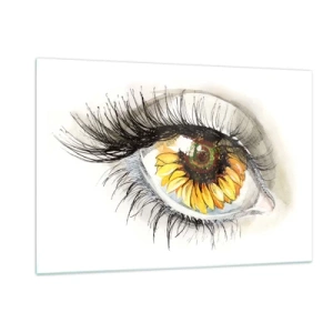 Impression sur verre - Image sur verre - Un œil avec un motif de tournesol entouré de détails délicats - 120x80cm - Un look aussi chaud que l'été - Décoration murale moderne pour le salon et la chambre ARTTOR
