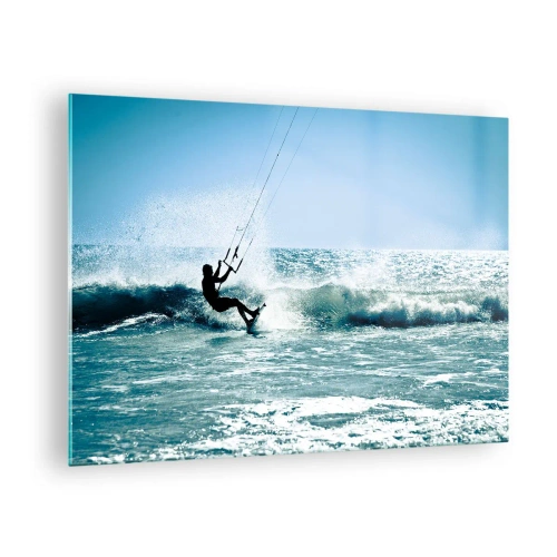 Impression sur verre - Image sur verre - Kitesurfeur sur les vagues de l'océan par une journée ensoleillée - 70x50cm - On se laisse emporter - Décoration murale moderne pour le salon et la chambre ARTTOR