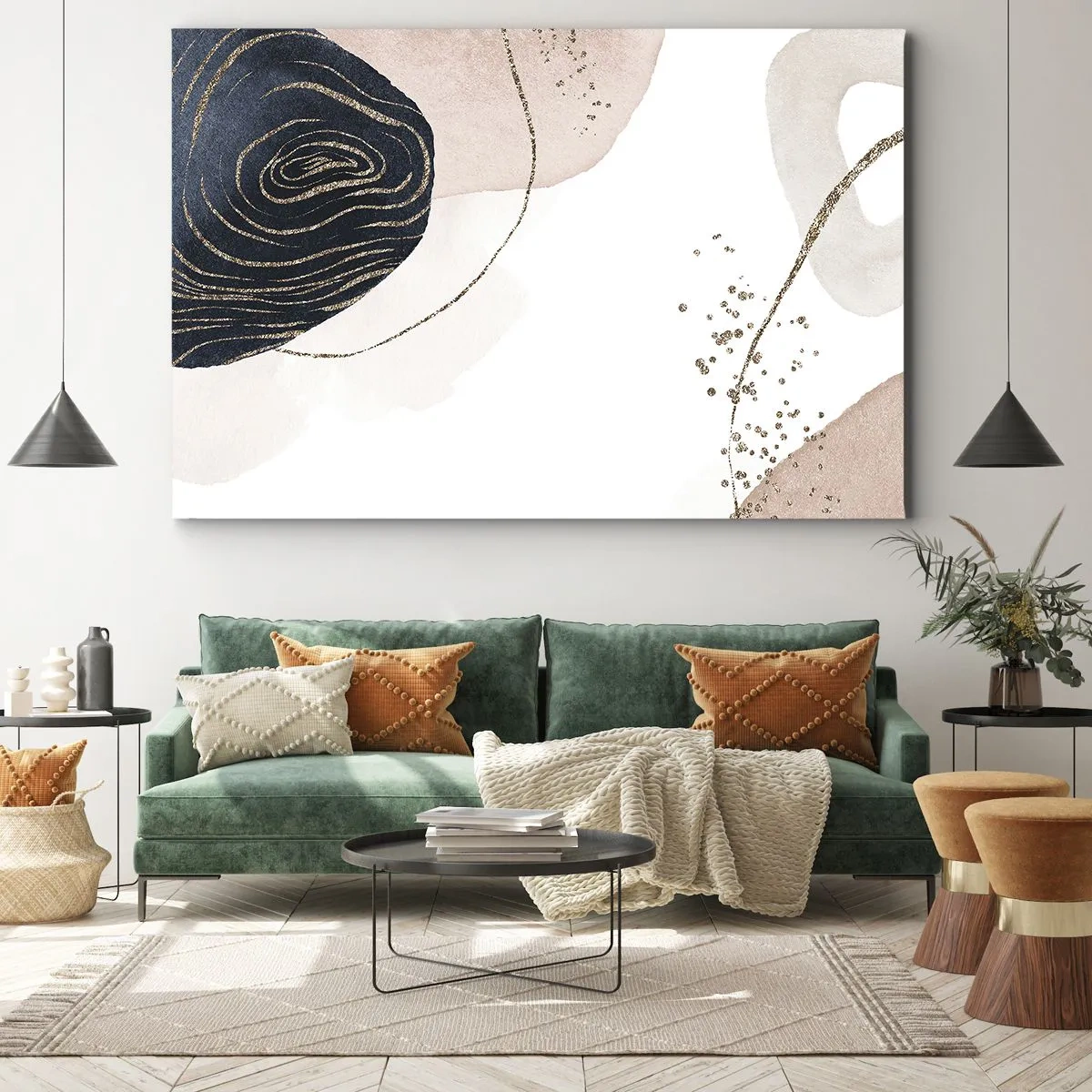 Impression sur toile - Image sur toile - Formes abstraites dans des tons beige et bleu marine avec des détails dorés - 100x70cm - Tout coule - Décoration murale moderne pour le salon et la chambre ARTTOR