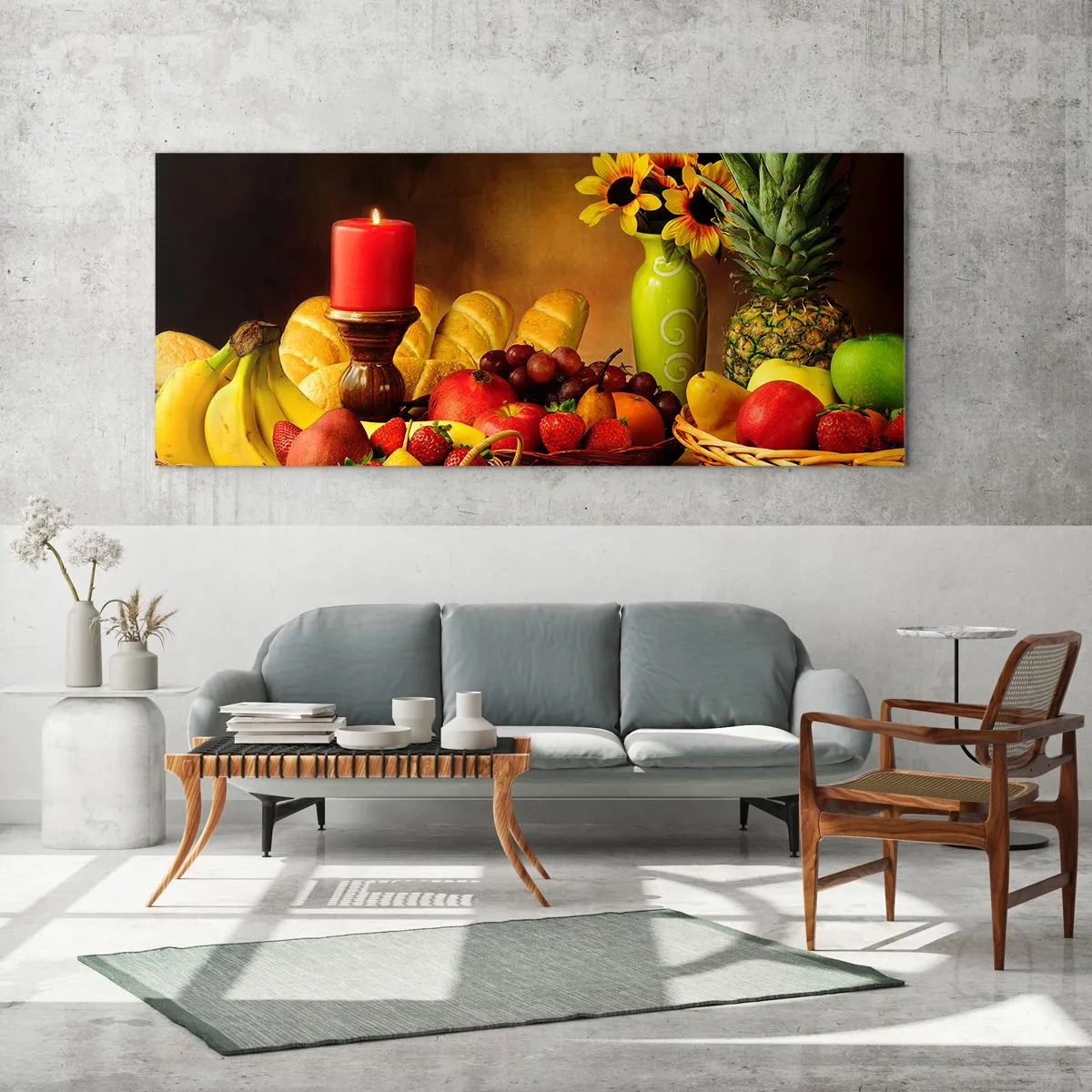 Impression sur verre - Image sur verre - Nature morte de pain et de fruits - 90x30 cm