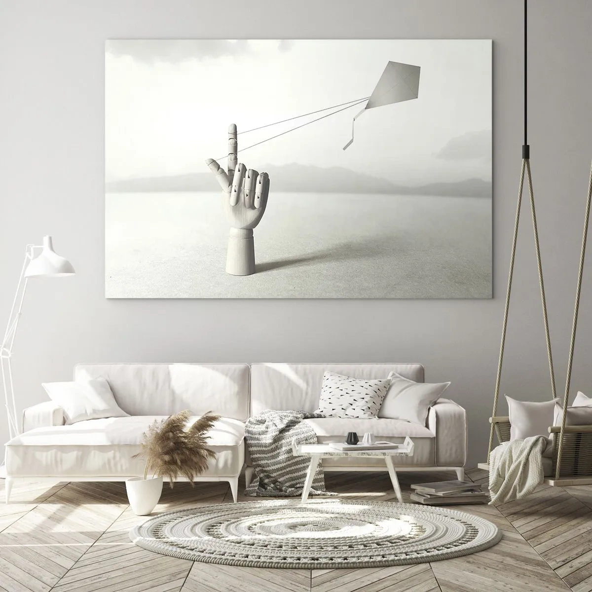 Impression sur verre - Image sur verre - Une main en bois tenant un cerf-volant flottant sur son doigt - 100x70cm - Épreuve de force - Décoration murale moderne pour le salon et la chambre ARTTOR