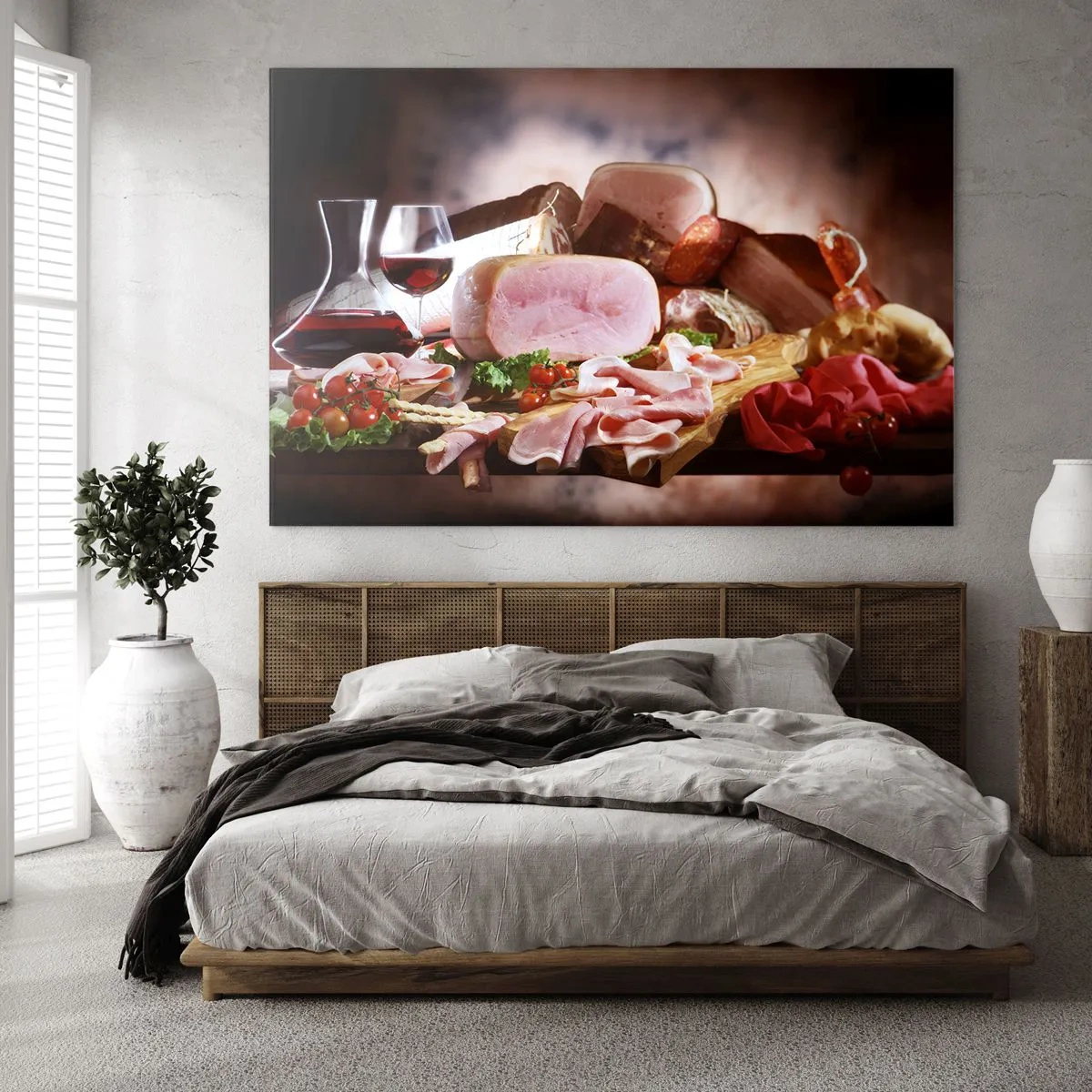 Impression sur verre - Image sur verre - Table de cuisine avec charcuterie, vin et légumes frais - 70x50cm - Un rêve culinaire avec une carafe - Décoration murale moderne pour le salon et la chambre ARTTOR