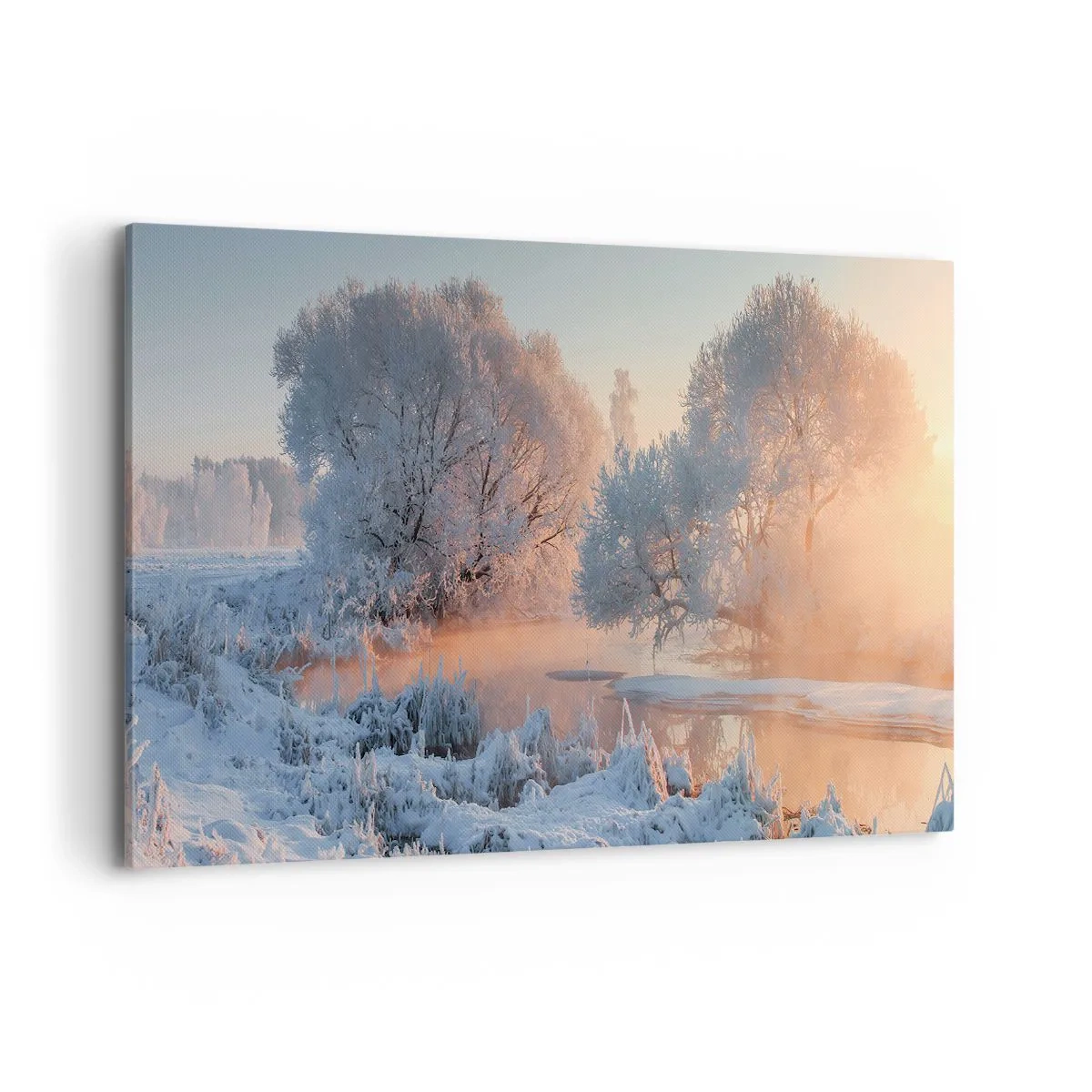 Impression sur toile - Image sur toile - Paysage d'hiver avec des arbres enneigés et un coucher de soleil - 120x80cm - Tout dans le soleil brille en cristal - Décoration murale moderne pour le salon et la chambre ARTTOR
