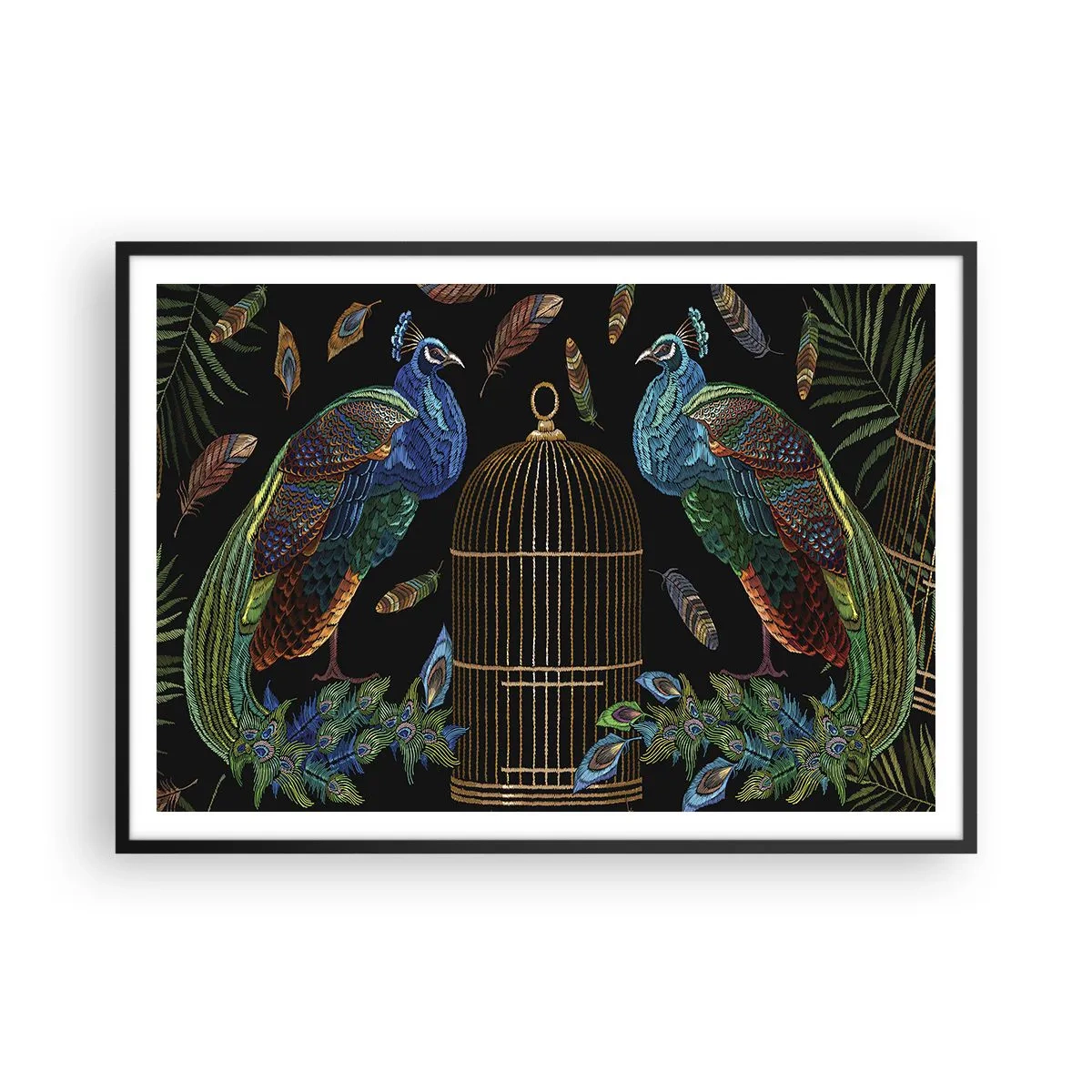 Affiche dans un cadre noir - Poster - Paons à côté d'une cage dorée sur fond noir - 100x70cm - En robes royales - Décoration murale moderne pour le salon et la chambre ARTTOR