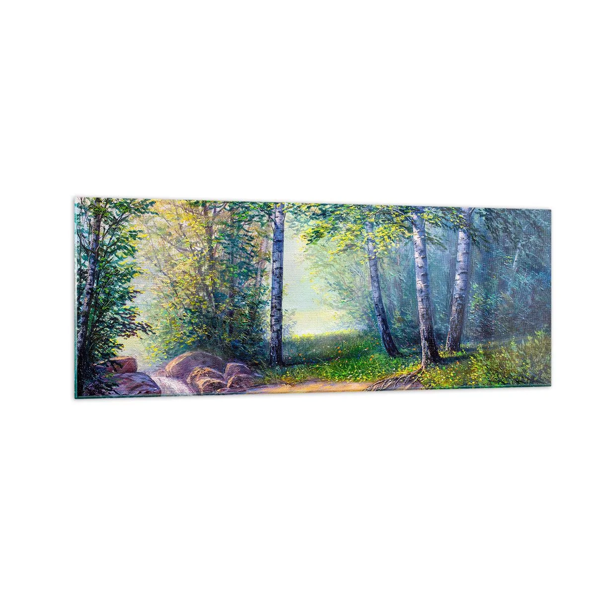 Impression sur verre - Image sur verre - Un ruisseau forestier entouré de bouleaux et de soleil - 140x50cm - Paysage idyllique - Décoration murale moderne pour le salon et la chambre ARTTOR