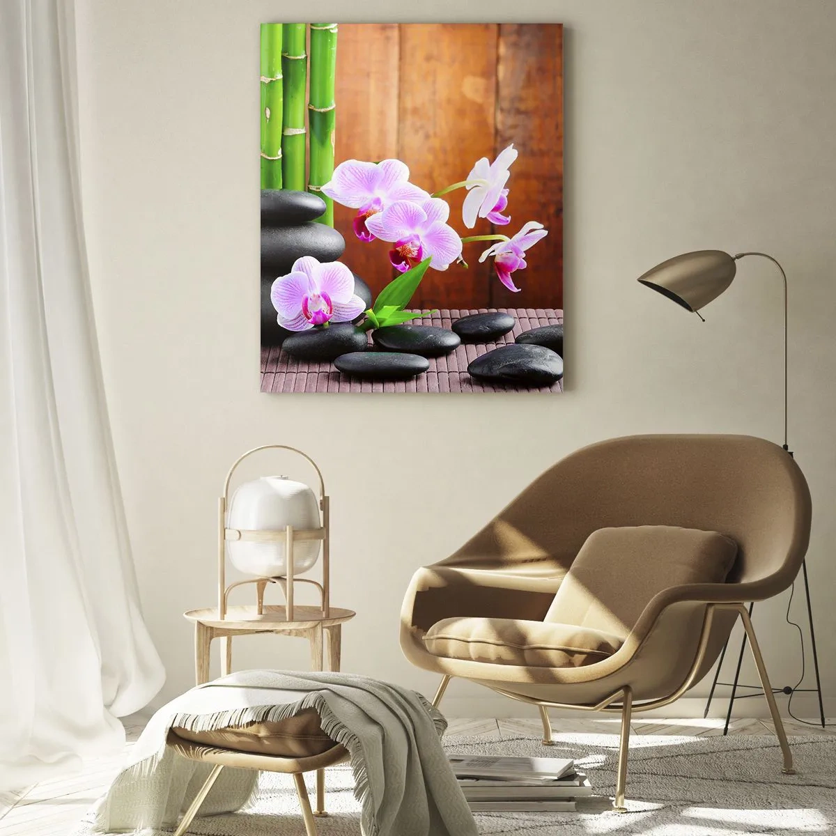 Impression sur verre - Image sur verre - Bambou de style zen, pierres et orchidées roses sur fond de bois - 70x100cm - Rencontrez les plaisirs de l'est - Décoration murale moderne pour le salon et la chambre ARTTOR