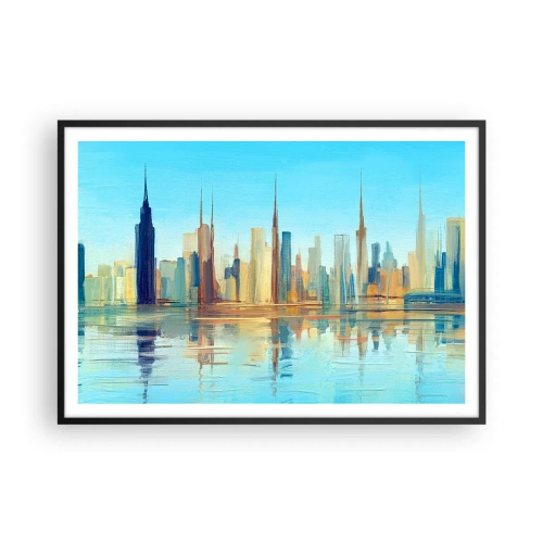 Affiche dans un cadre noir - Poster - Un panorama de la ville aux couleurs chaudes avec reflet dans l'eau - 100x70cm - Une métropole ensoleillée - Décoration murale moderne pour le salon et la chambre ARTTOR
