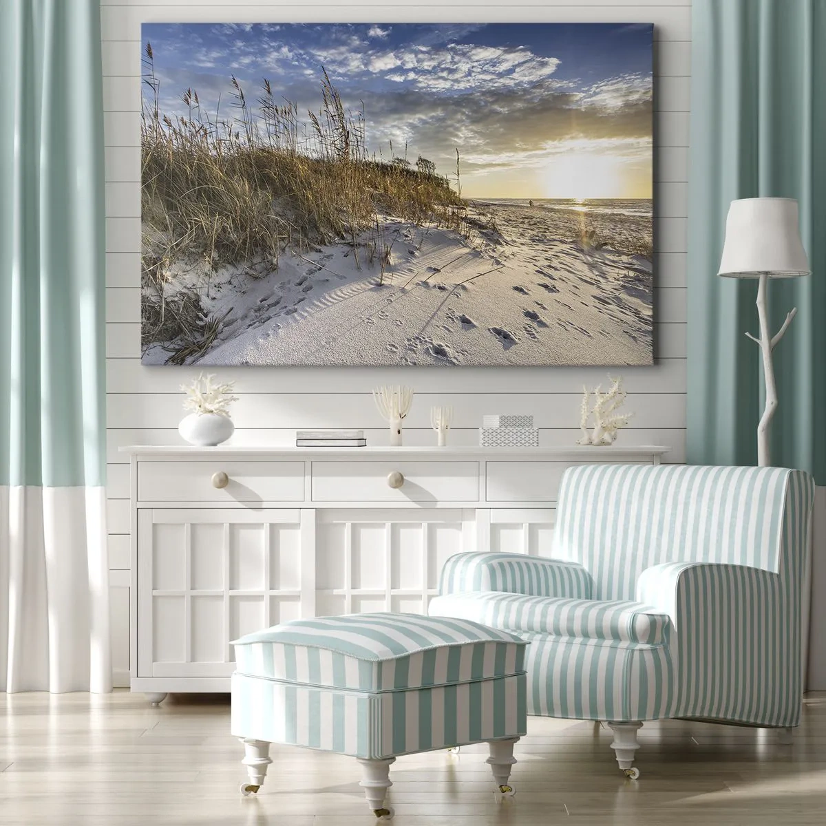 Impression sur toile - Image sur toile - Dunes avec de l'herbe et des empreintes de pas dans le sable au coucher du soleil - 100x70cm - Invitation à la ballade - Décoration murale moderne pour le salon et la chambre ARTTOR