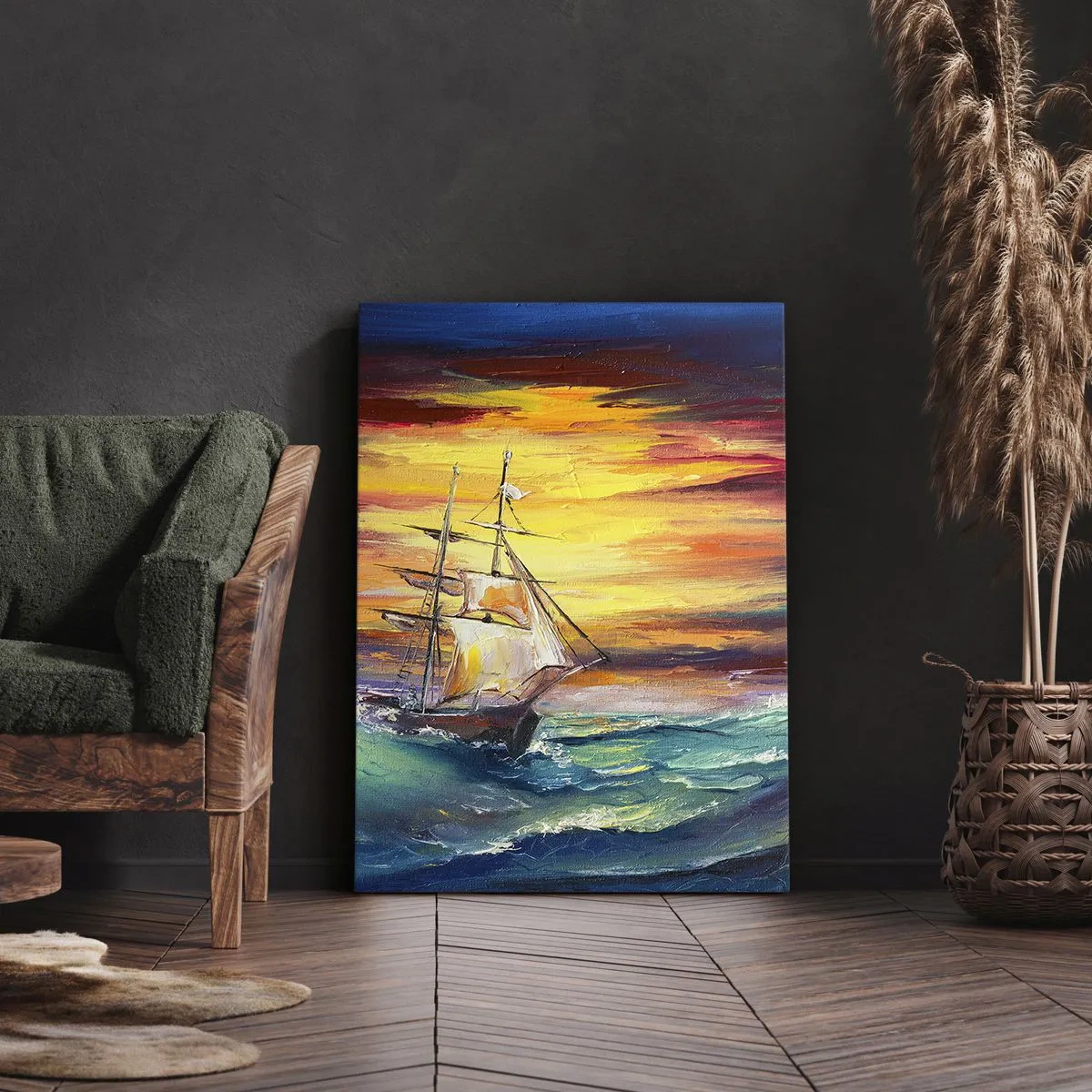 Impression sur toile - Image sur toile - Un voilier sur fond de coucher de soleil coloré - 80x120cm - Courageusement sous les vagues - Décoration murale moderne pour le salon et la chambre ARTTOR