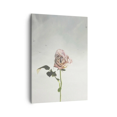 Impression sur toile - Image sur toile - Une rose délicate contre un ciel lumineux avec des oiseaux en vol - 50x70cm - Bonjour de printemps - Décoration murale moderne pour le salon et la chambre ARTTOR
