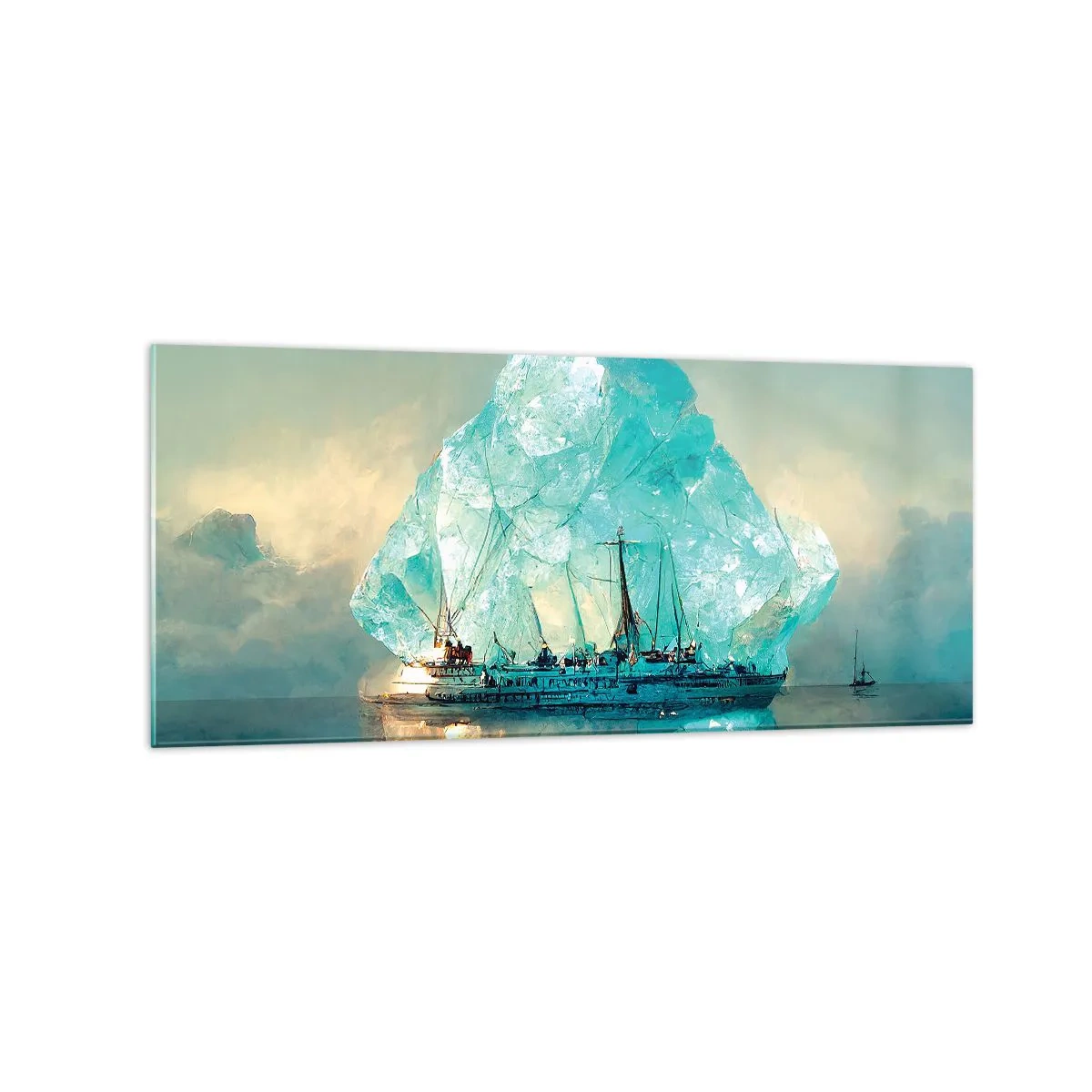 Impression sur verre - Image sur verre - Un navire avec un iceberg majestueux en arrière-plan - 120x50cm - Diamant arctique - Décoration murale moderne pour le salon et la chambre ARTTOR