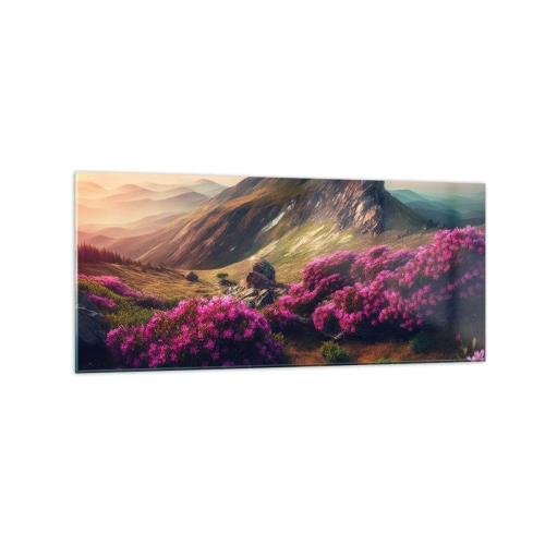 Impression sur verre - Image sur verre - Paysage de montagne avec des rhododendrons en fleurs - 120x50cm - L'été à la montagne - Décoration murale moderne pour le salon et la chambre ARTTOR