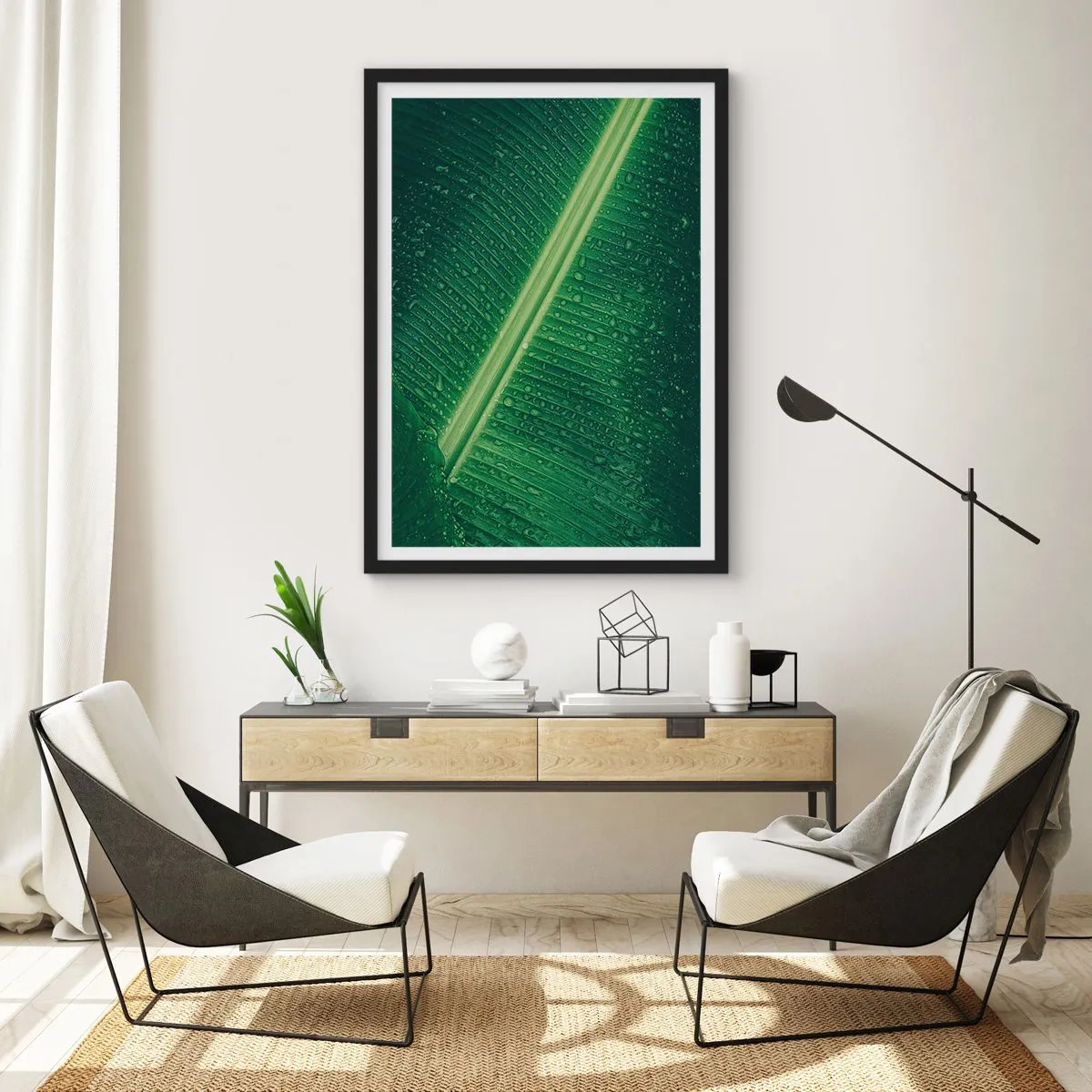 Affiche dans un cadre noir - Poster - Gros plan d'une feuille verte avec des gouttes d'eau - 50x70cm - Structure de vert - Décoration murale moderne pour le salon et la chambre ARTTOR