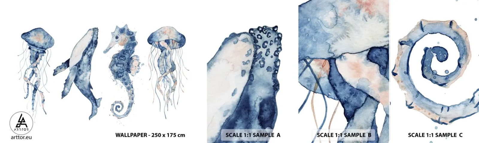 Échantillon de Papier Peint Autocollant Deluxe Sticker - Merveilles de la mer - Animaux marins, hippocampe, Méduse - 100x30 cm