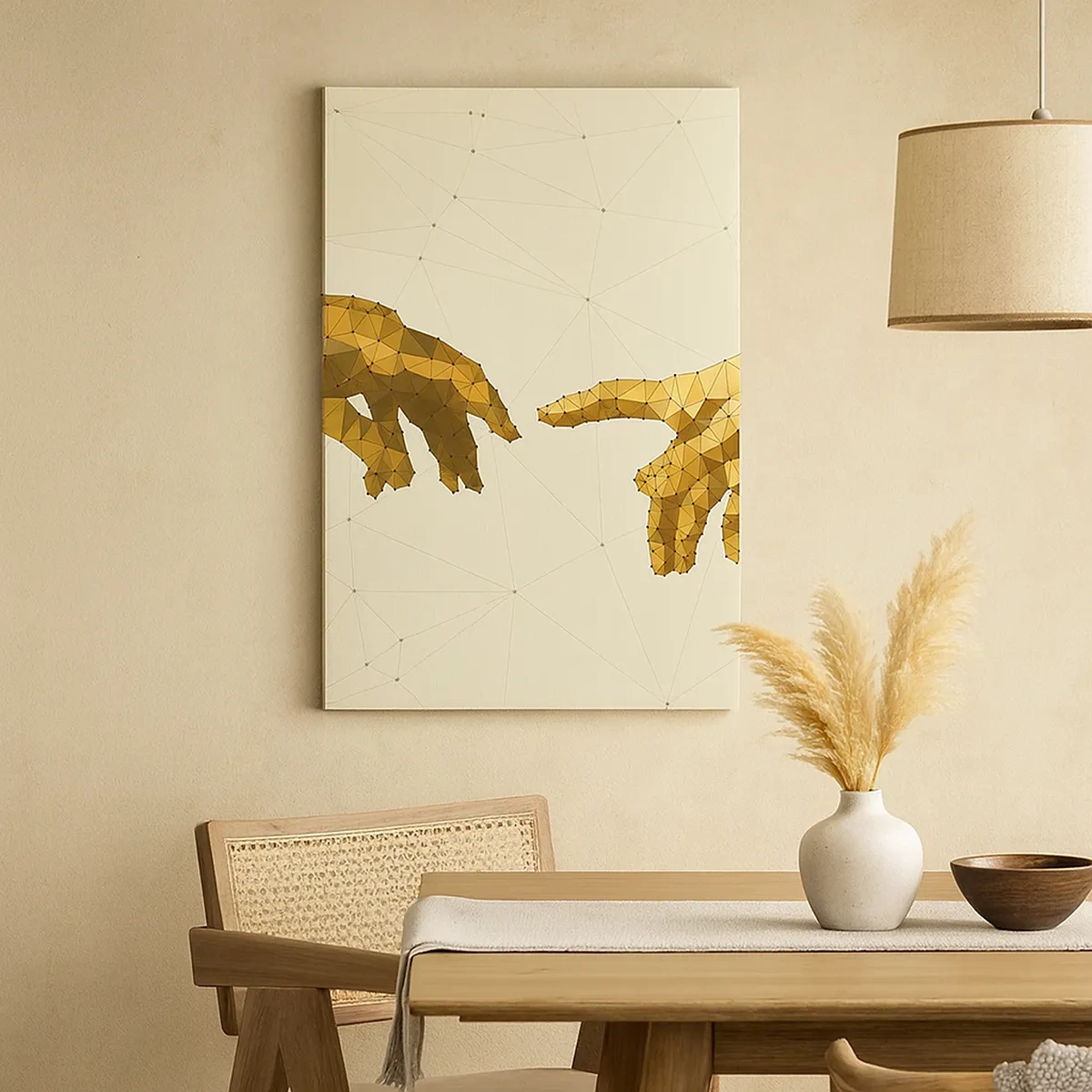 Impression sur toile - Image sur toile - Mains géométriques tendues l'une vers l'autre sur un fond clair - 50x70cm - Géométrie divine - Décoration murale moderne pour le salon et la chambre ARTTOR