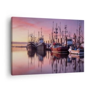 Impression sur toile - Image sur toile - Bateaux de pêche dans le port au coucher du soleil - 70x50cm - Avant le jour suivant - Décoration murale moderne pour le salon et la chambre ARTTOR