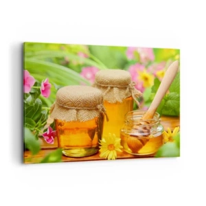 Impression sur toile - Image sur toile - Pots de miel avec des fleurs sur fond de jardin d'été - 120x80cm - Doux et fleuri - Décoration murale moderne pour le salon et la chambre ARTTOR