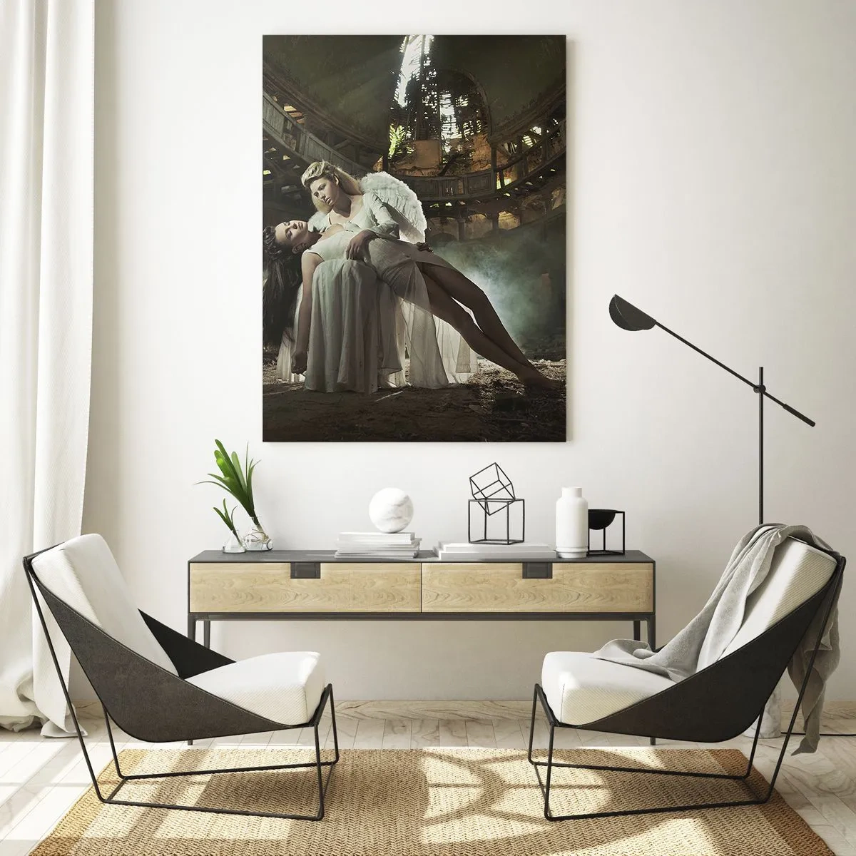 Impression sur verre - Image sur verre - Deux personnages en ruines avec un jeu de lumière - 70x100cm - L'esprit du théâtre ancien - Décoration murale moderne pour le salon et la chambre ARTTOR