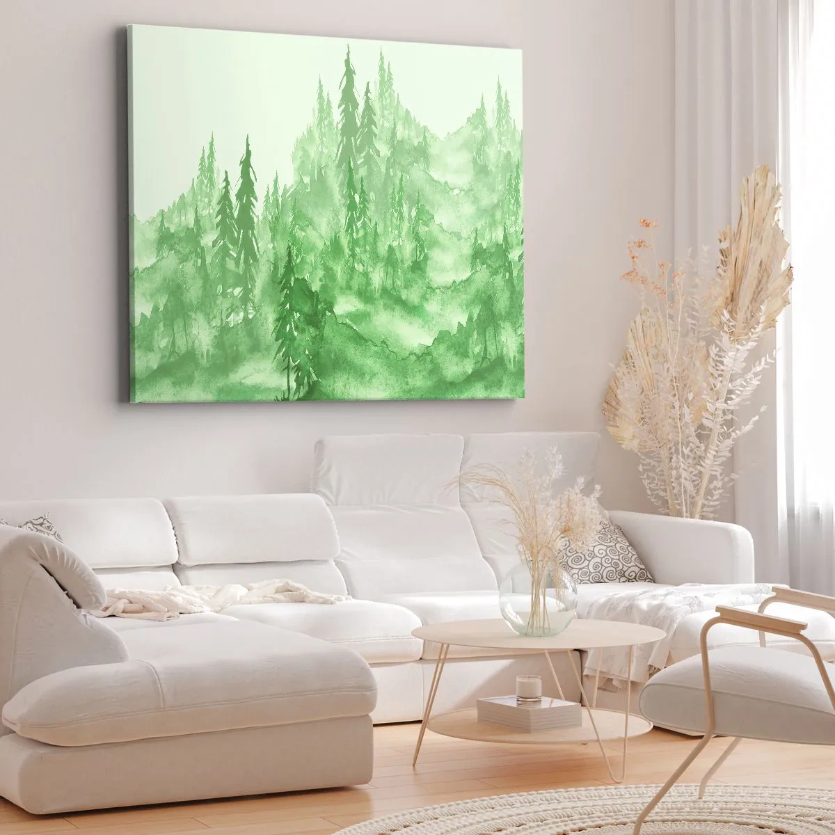 Impression sur toile - Image sur toile - Forêt verte dans un style aquarelle sur un fond clair - 70x50cm - Flou de brouillard vert - Décoration murale moderne pour le salon et la chambre ARTTOR