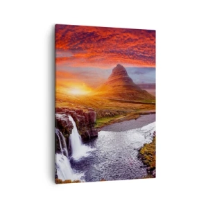 Impression sur toile - Image sur toile - Paysage de montagne avec une cascade au coucher du soleil - 50x70cm - Vue de la terre du milieu - Décoration murale moderne pour le salon et la chambre ARTTOR