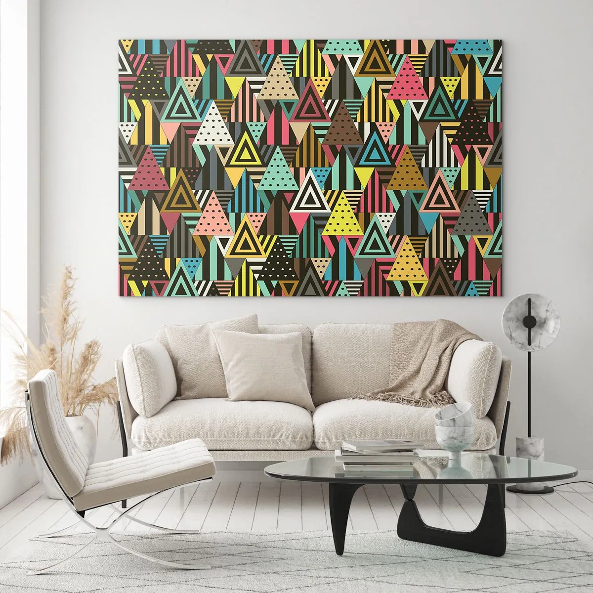 Impression sur verre - Image sur verre - Une composition abstraite avec des triangles aux couleurs intenses. - 70x50cm - En rythme de trois - Décoration murale moderne pour le salon et la chambre ARTTOR